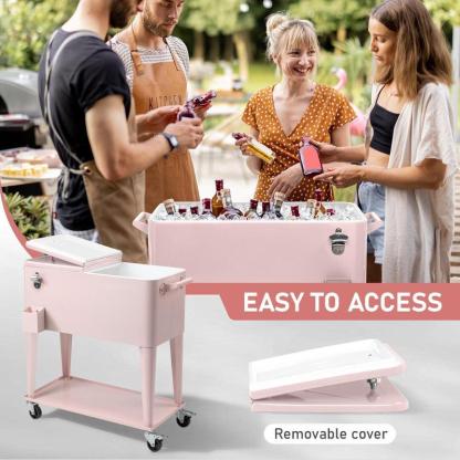 Hielera rodante para patio de 80 cuartos — Cofre para hielo con estante, ruedas y abridor de botellas — Carrito portátil para enfriar bebidas en fiestas al aire libre