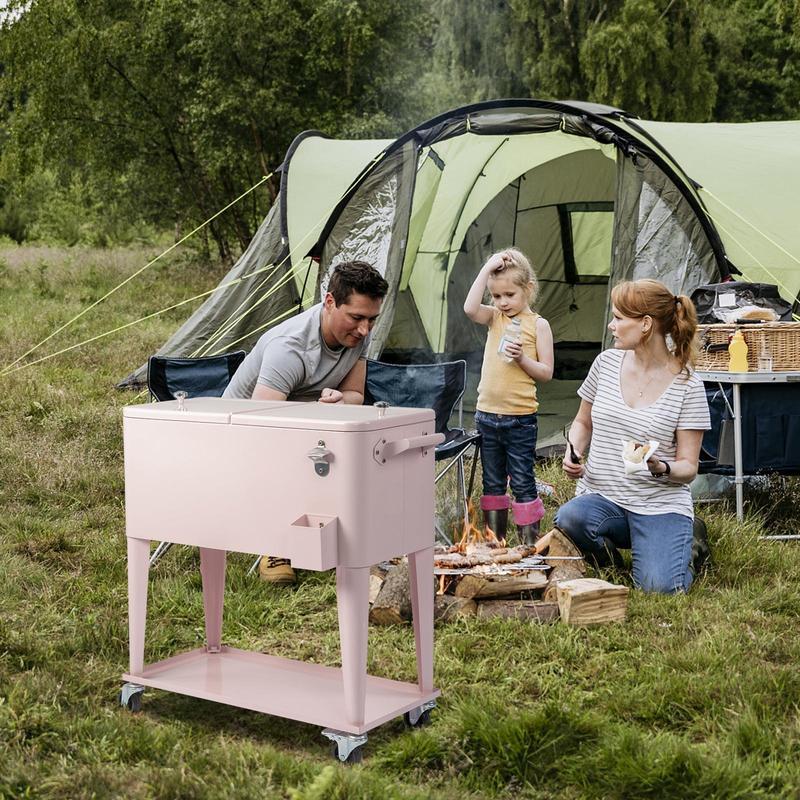 Hielera rodante para patio de 80 cuartos — Cofre para hielo con estante, ruedas y abridor de botellas — Carrito portátil para enfriar bebidas en fiestas al aire libre