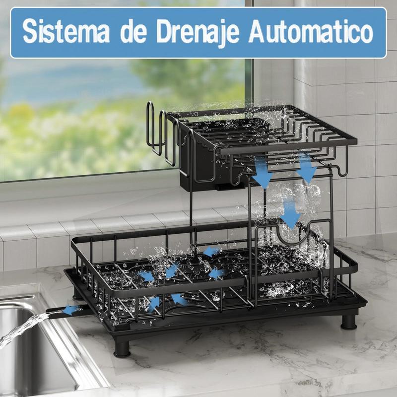 Escurridor de Platos de 2 Niveles para Cocina, Organizador Multifuncional con Portavasos y Soporte para Cubiertos, Estante de Secado con Bandeja de Drenaje Extraíble, Mantén tu Cocina Ordenada