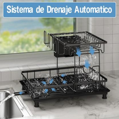 Escurridor de Platos de 2 Niveles para Cocina, Organizador Multifuncional con Portavasos y Soporte para Cubiertos, Estante de Secado con Bandeja de Drenaje Extraíble, Mantén tu Cocina Ordenada