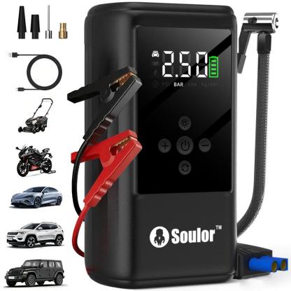 Arrancador de batería Soulor 6 en 1 1000 A con bomba de aire de 150 PSI inflador y desinflador digital de neumáticos cargador portátil para coche con puerto USB y luz LED para vehículos gasolina/diesel