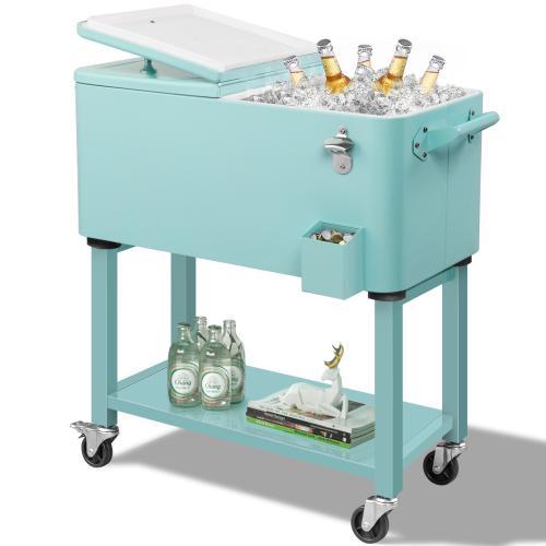 Hielera rodante para patio de 80 cuartos — Cofre para hielo con estante, ruedas y abridor de botellas — Carrito portátil para enfriar bebidas en fiestas al aire libre