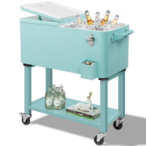 Hielera rodante para patio de 80 cuartos — Cofre para hielo con estante, ruedas y abridor de botellas — Carrito portátil para enfriar bebidas en fiestas al aire libre