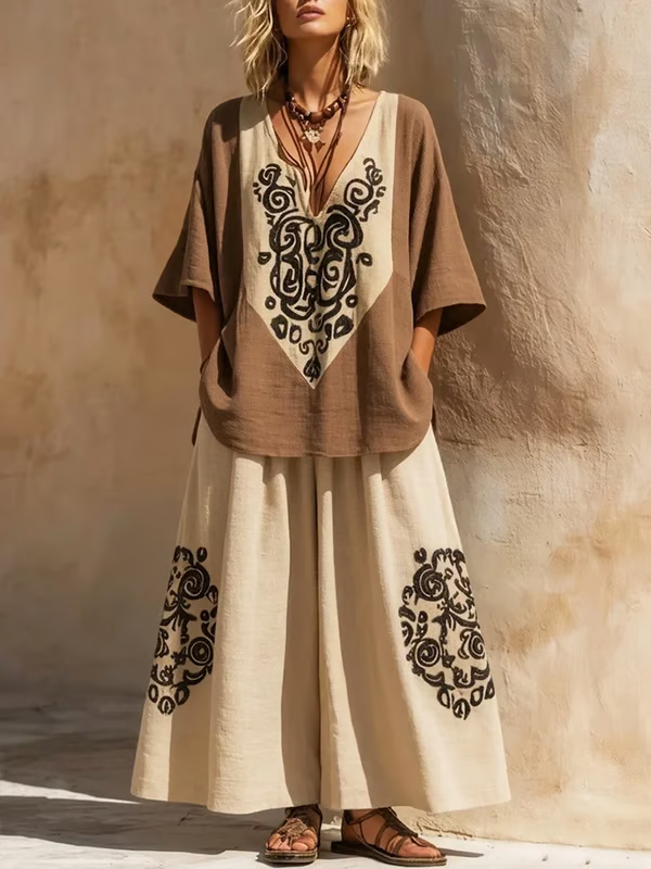 Women's Printed V Neck Short-sleeved Cotton Linen Two-Piece Set  