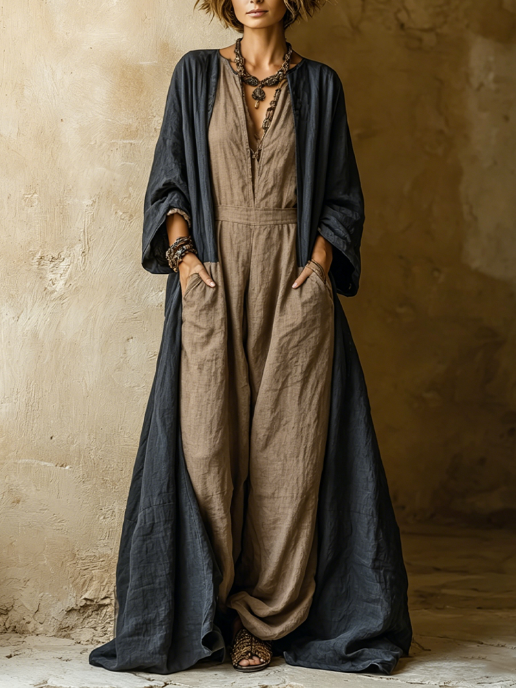 Bohemian Print Jumpsuit And Cardigan Two-piece Set