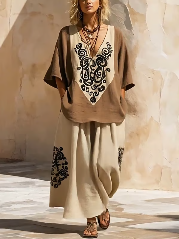 Women's Printed V Neck Short-sleeved Cotton Linen Two-Piece Set  