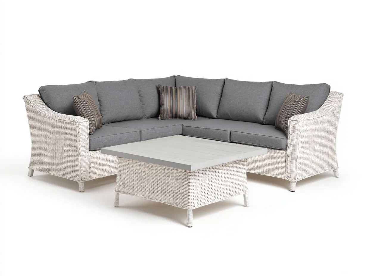 Sofás de exterior ratán 5 plazas - blanco-gris - diseño moderno con mesa-Denmyhub