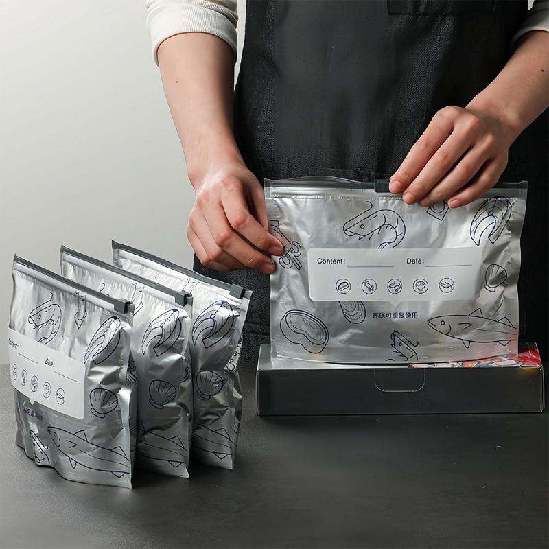 Reusable Aluminum Foil Sealable Storage Bags, 2025 New Resealable Vacuum Zipper Pouches for Food, Stand Up Foil Sealable Bags with Label and Zip Lock for Vegetable Fruit Meat