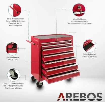 AREBOS Werkstattwagen 7 Schubladen | abschließbar, Antirutschmatten, Rot