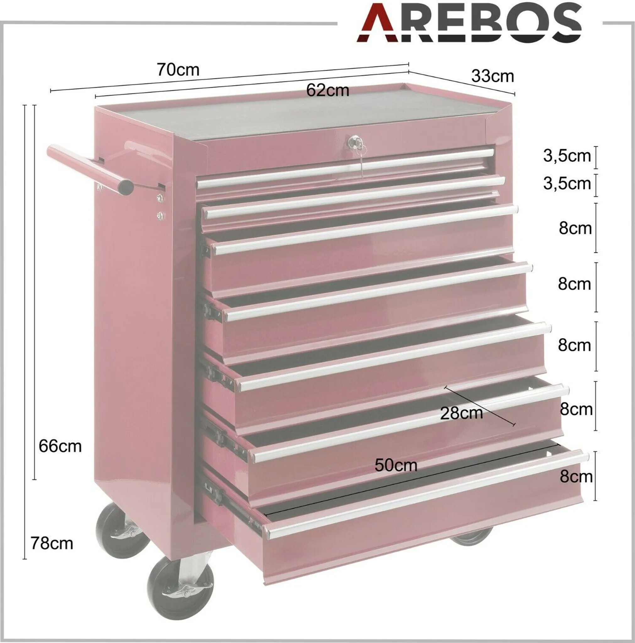 AREBOS Werkstattwagen 7 Schubladen | abschließbar, Antirutschmatten, Rot