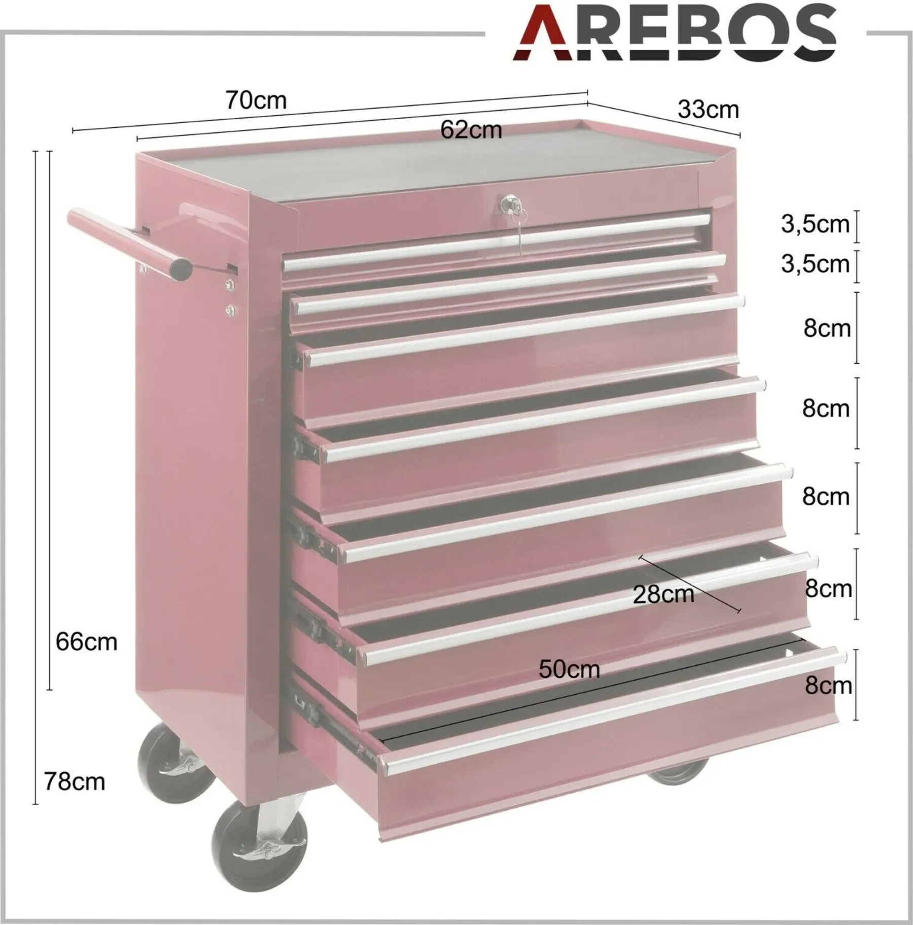 AREBOS Werkstattwagen 7 Schubladen | abschließbar, Antirutschmatten, Rot