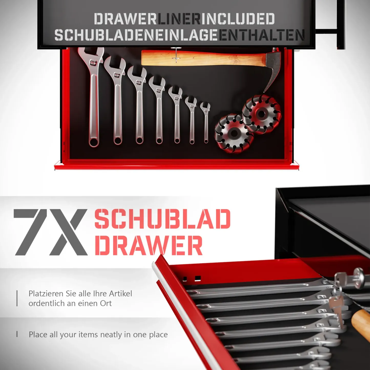 Werkzeugwagen XXL - 7 Schubladen - Rot / Schwarz