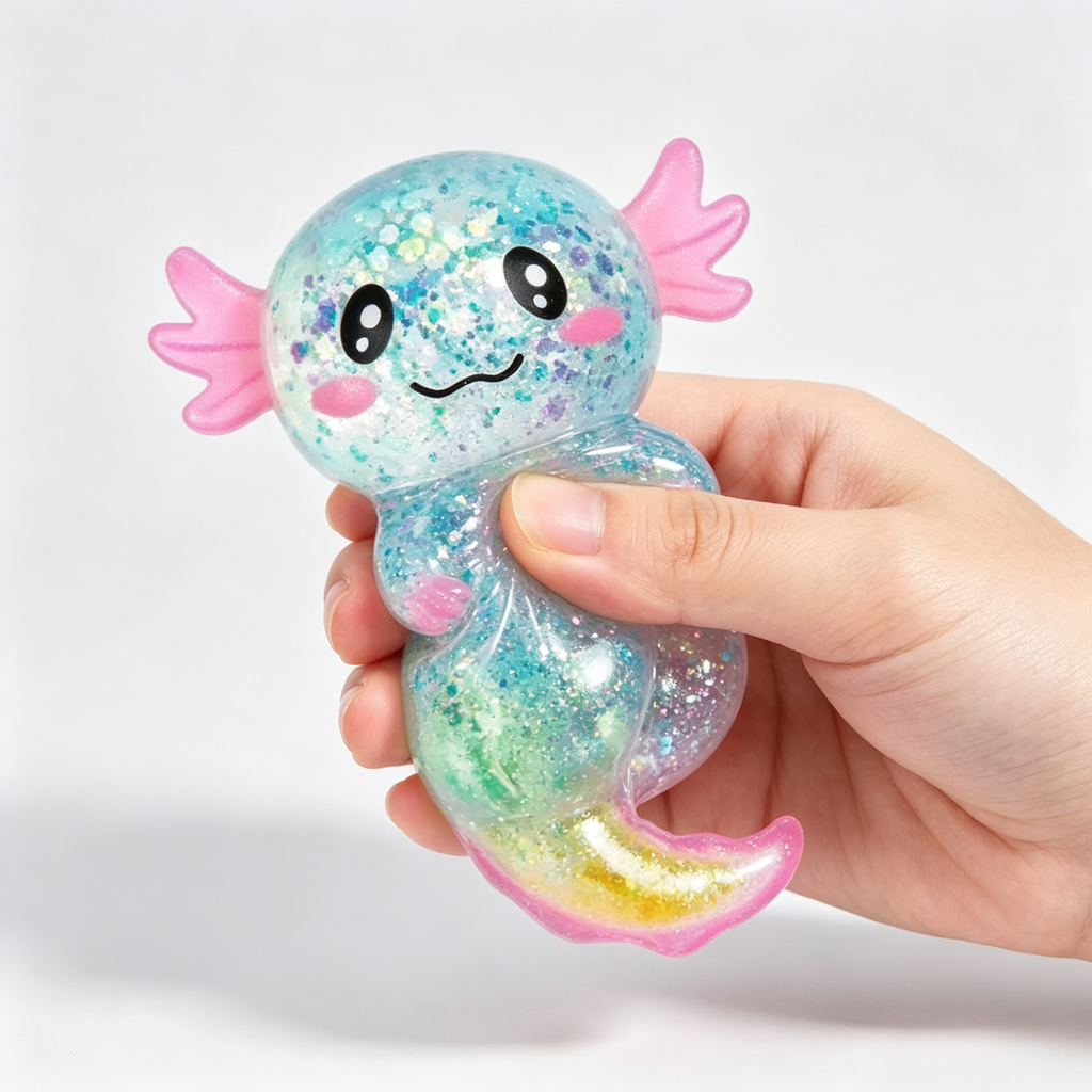 Glittery Axolotl Squishy Toy - Slow Rising Squeeze Fidget, Sensory Stress Relief Gift