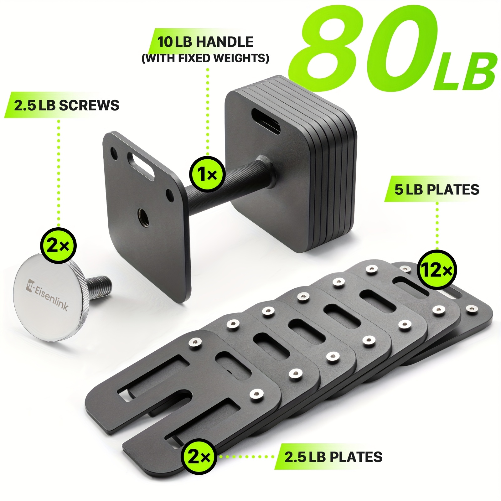 Eisenlink Adjustable Dumbbell Set - 15 Weight Settings (10-80LB) / 9 Settings (10-50LB)