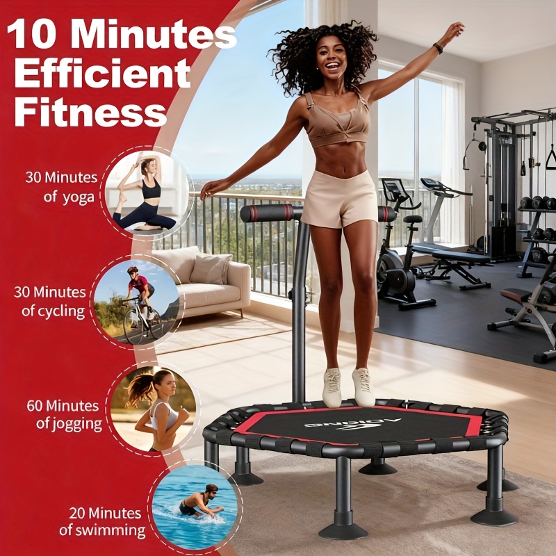 Hexagonal Mini Fitness Trampoline with Adjustable Handle - 400LB Capacity Low-Impact Rebounder for Home Cardio