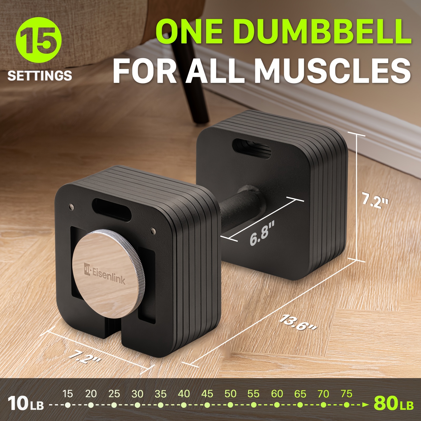 Eisenlink Adjustable Dumbbell Set - 15 Weight Settings (10-80LB) / 9 Settings (10-50LB)
