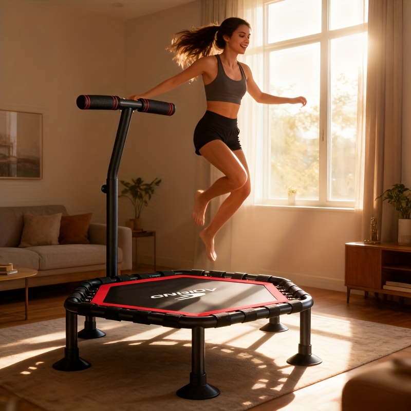 Hexagonal Mini Fitness Trampoline with Adjustable Handle - 400LB Capacity Low-Impact Rebounder for Home Cardio