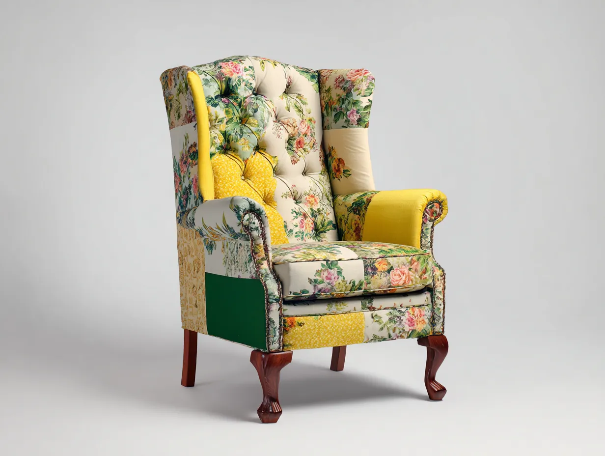 Ohrensessel - Stoff-Holz - 80x86x109 cm - Gelb-Grün-Bunt - Vintage-Stil-Tasatahome
