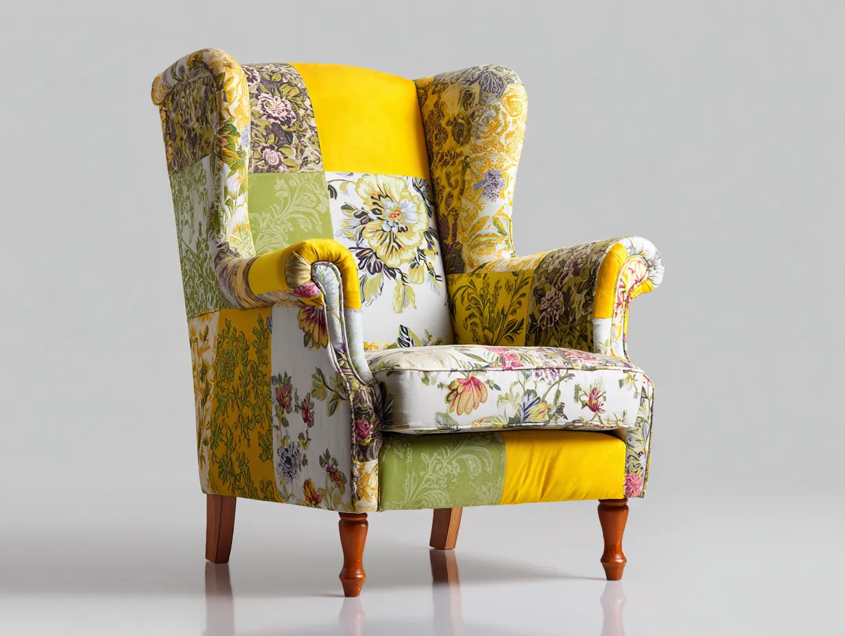 Ohrensessel - Stoff-Holz - 82x88x112 cm - Gelb-Grün-Bunt - Vintage-Stil-Tasatahome