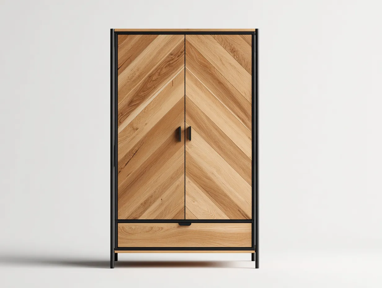 Kleiderschrank mit zwei Türen - Holzwerkstoff-Massivholz-Metall - 104 x 57 x 190 cm - Natur-Schwarz - Moderner Stil-Haloaroom