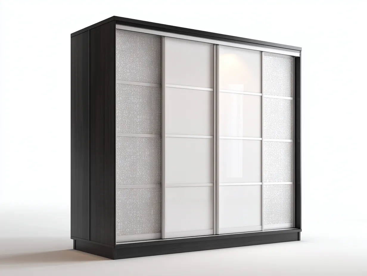 Kleiderschrank mit Schiebetüren - Holzwerkstoff-Glas-Metall - 240 x 65 x 210 cm - Weiß-Beige-Schwarz - Moderner Stil-Haloaroom