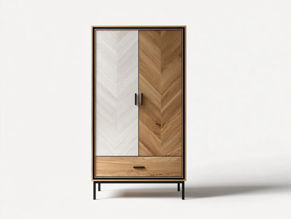 Kleiderschrank mit zwei Türen - Holzwerkstoff-Massivholz-Metall - 98 x 54 x 186 cm - Natur-Weiß-Schwarz - Moderner Stil-Haloaroom