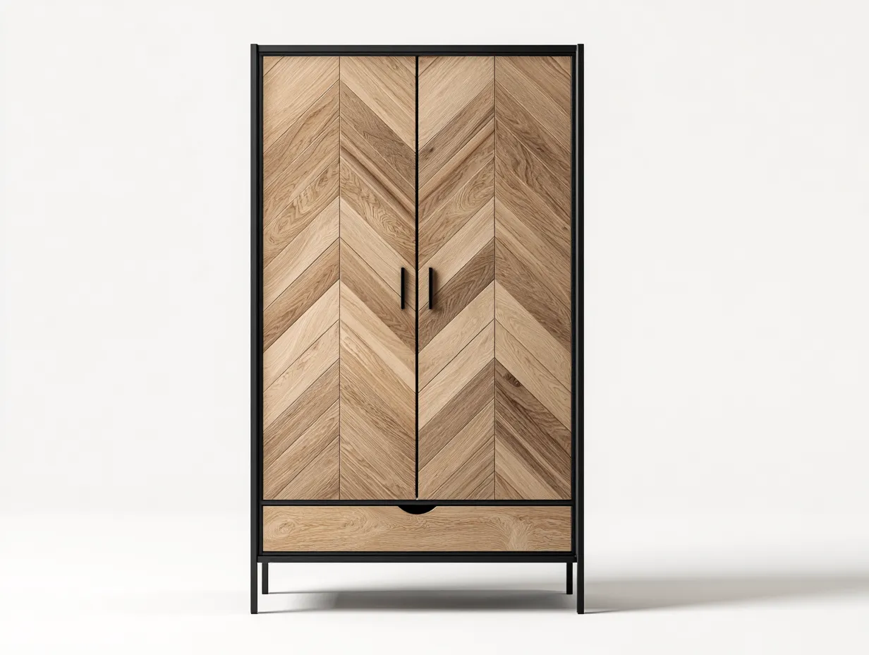 Kleiderschrank mit zwei Türen - Holzwerkstoff-Massivholz-Metall - 102 x 56 x 188 cm - Natur-Schwarz - Moderner Stil-Haloaroom