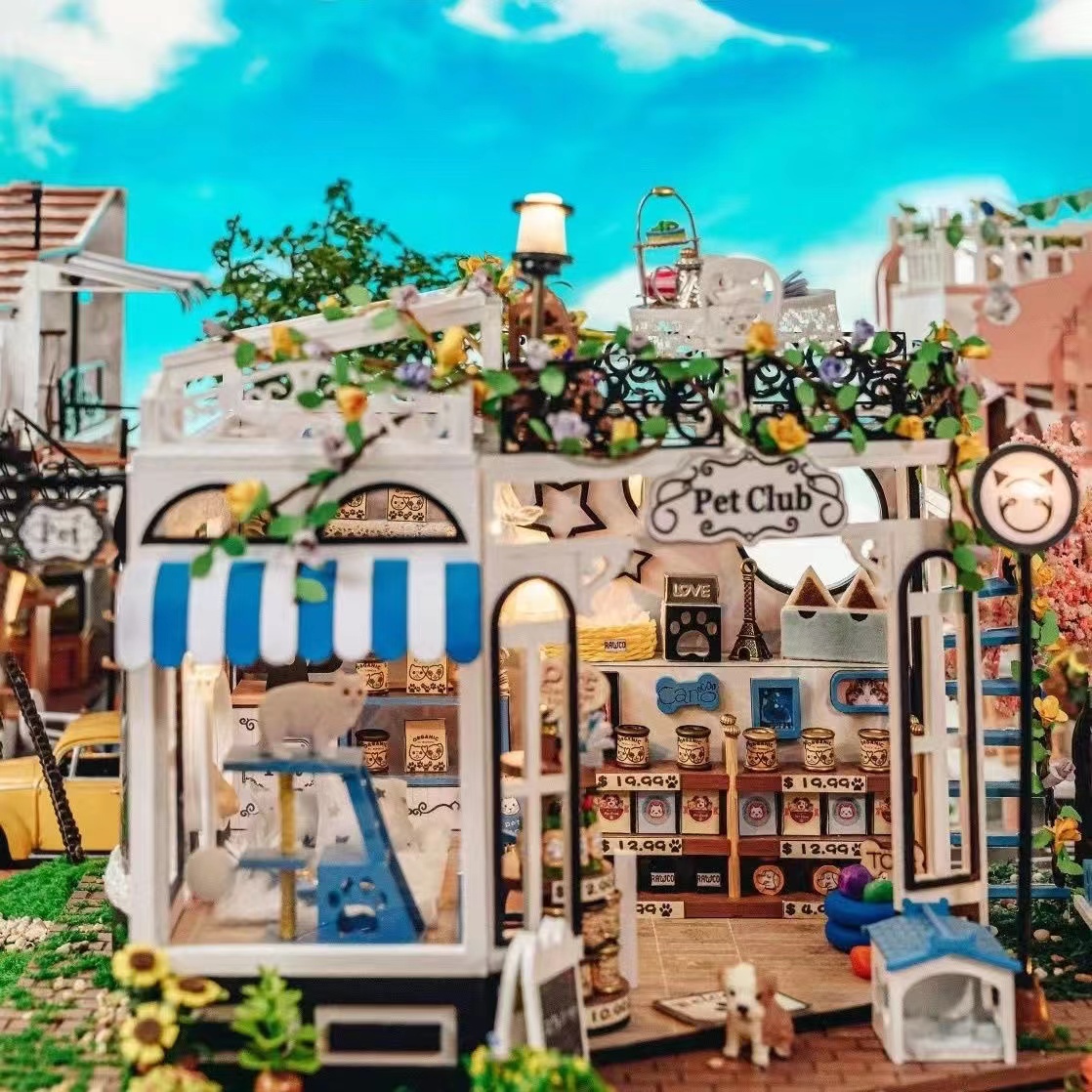 Handmade Miniature Dollhouse Kit, Meow Woof Pet Shop DIY House with LED Lights, 3D Wooden Puzzle Model for Adults, Creative Gift for Home Decor