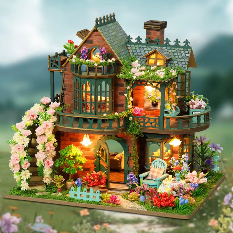 Garden Villa DIY Miniature Dollhouse Kit with LED Light - 1:12 Scale Wooden Flower House Building Model with Furniture for Adults, Perfect Gift for Craft Lovers