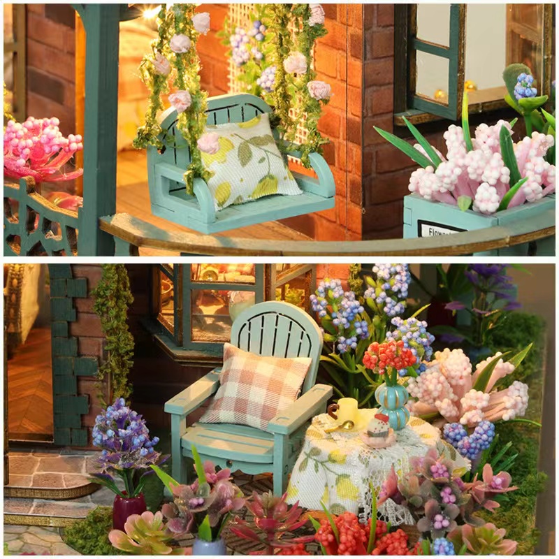 Garden Villa DIY Miniature Dollhouse Kit with LED Light - 1:12 Scale Wooden Flower House Building Model with Furniture for Adults, Perfect Gift for Craft Lovers