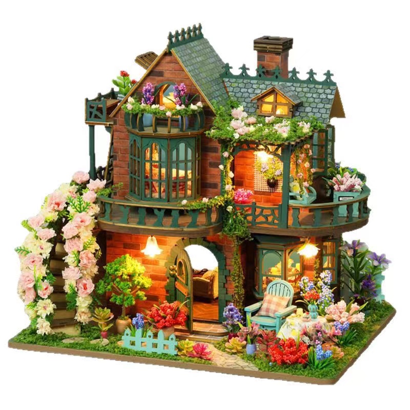 Garden Villa DIY Miniature Dollhouse Kit with LED Light - 1:12 Scale Wooden Flower House Building Model with Furniture for Adults, Perfect Gift for Craft Lovers