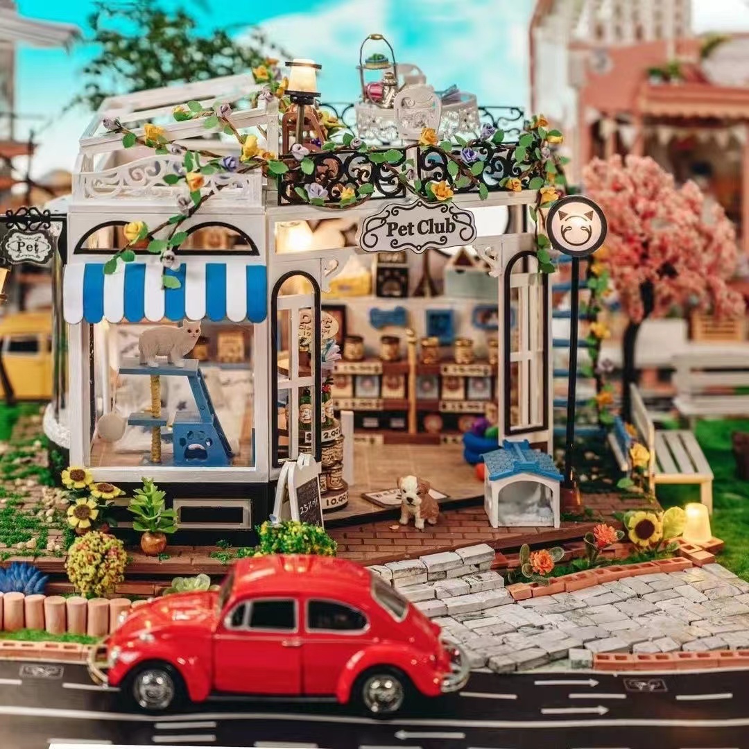 Handmade Miniature Dollhouse Kit, Meow Woof Pet Shop DIY House with LED Lights, 3D Wooden Puzzle Model for Adults, Creative Gift for Home Decor