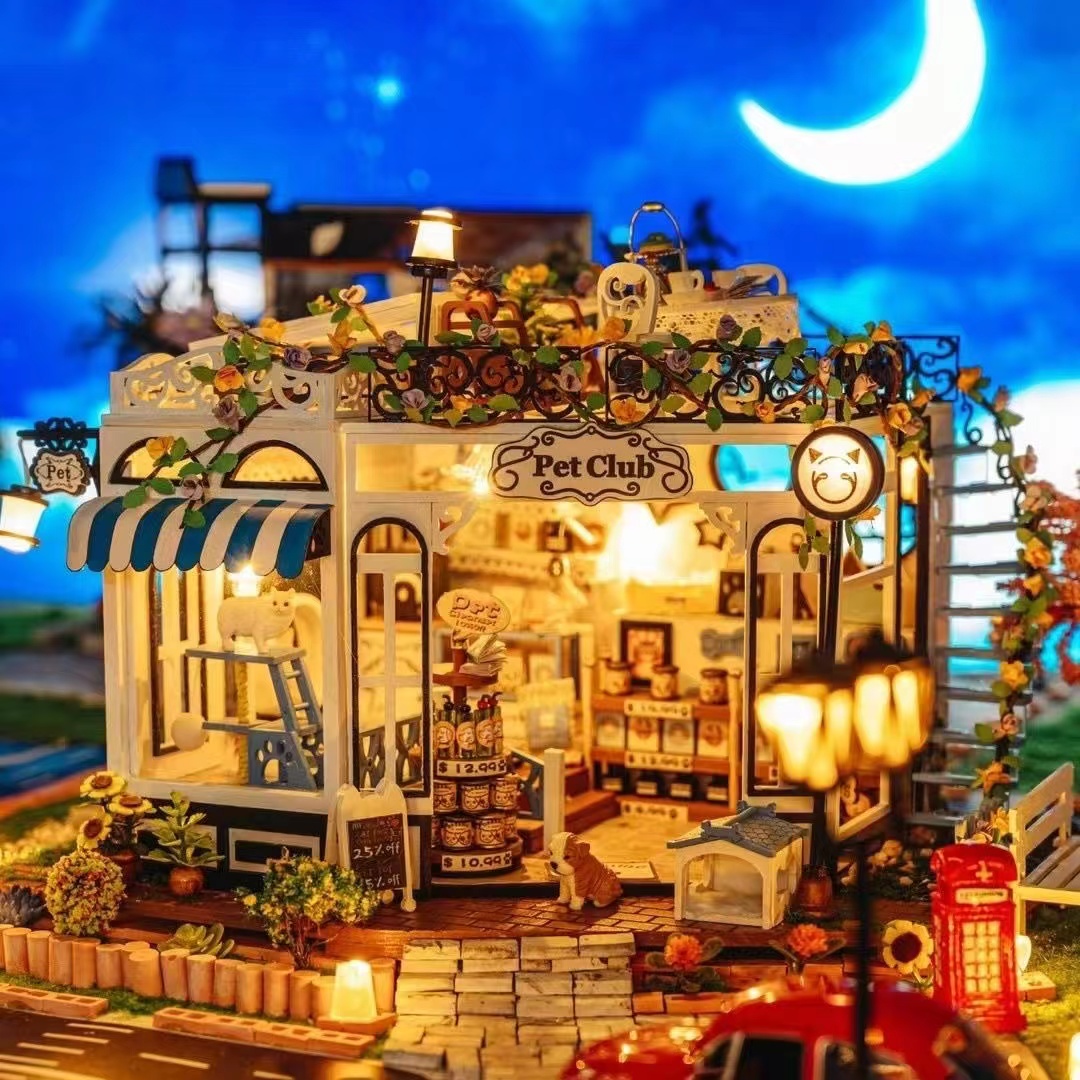 Handmade Miniature Dollhouse Kit, Meow Woof Pet Shop DIY House with LED Lights, 3D Wooden Puzzle Model for Adults, Creative Gift for Home Decor