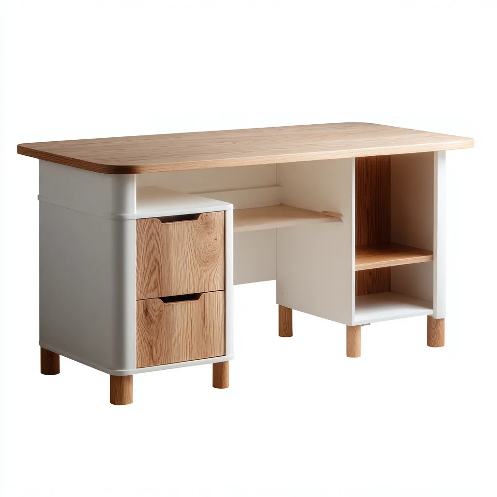 Bureau en bois et MDF 140x60x75 cm - blanc-bois naturel - design fonctionnel pour bureau à domicile-Lavovahome