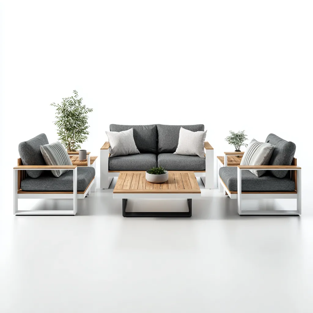 Salon de jardin en bois et métal - canapé 140x75x75 cm fauteuil 70x75x75 cm table basse 100x60x40 cm - brun-gris - style moderne-Lavovahome