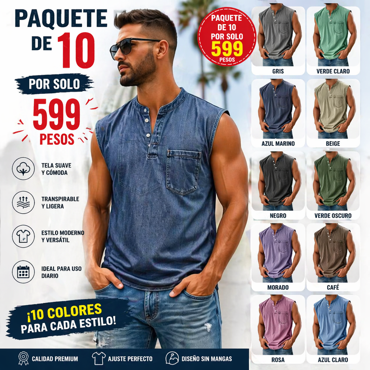 Men’s Acid Wash Cotton Tank – Sleeveless Henley with Pocket & Buttons