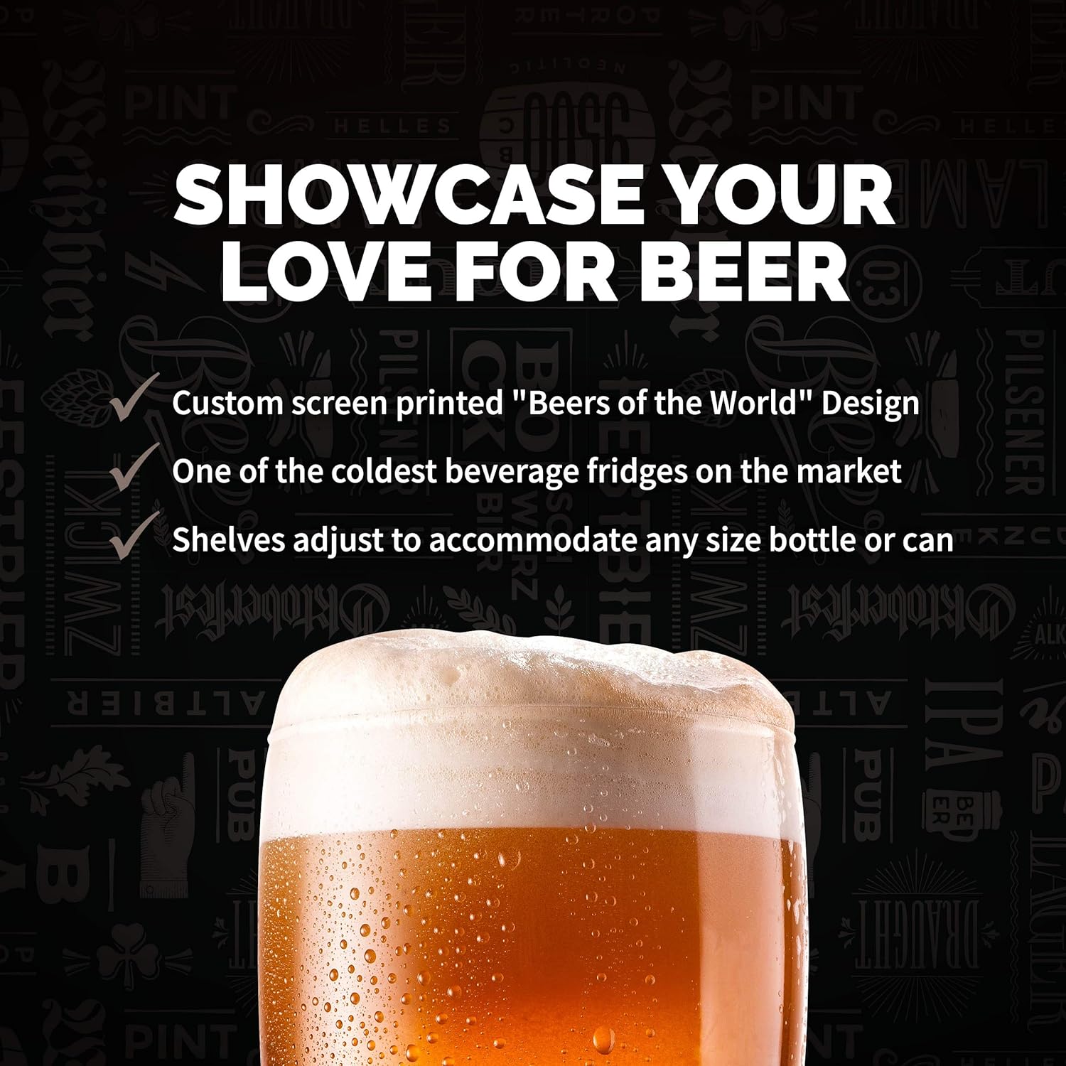 NewAir - Refrigerador de bebidas con capacidad para 126 latas - Minibar de cerveza con puerta de cristal, bisagra derecha - Enfría hasta 34 °F (1 °C) - AB-1200BC1 - Diseño de Cervezas del Mundo-Muñeca