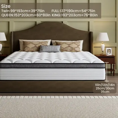 Diseño de 5 capas para un descanso confortable  Colchón Queen, King, Twin o Full de 10/12/14 pulgadas, con resortes embolsados individualmente que brindan un soporte óptimo. Se entrega enrollado en una caja para facilitar su transporte. Ideal para dormito