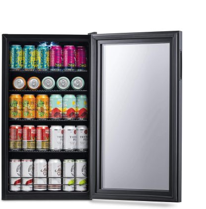 NewAir - Refrigerador de bebidas con capacidad para 126 latas - Minibar de cerveza con puerta de cristal, bisagra derecha - Enfría hasta 34 °F (1 °C) - AB-1200BC1 - Diseño de Cervezas del Mundo-Muñeca
