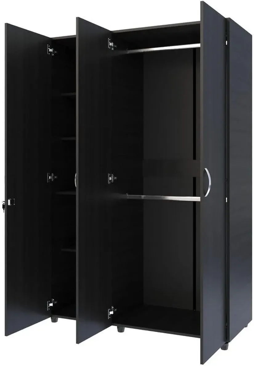 MADERKIT | Ropero Bilbao 120 cm Ancho | Tamaño Mediano | Color Wengue | 3 Puertas y Llave de Seguridad | Mueble Listo para armar | Estantes y Tubos para Colgar (Wengue)
