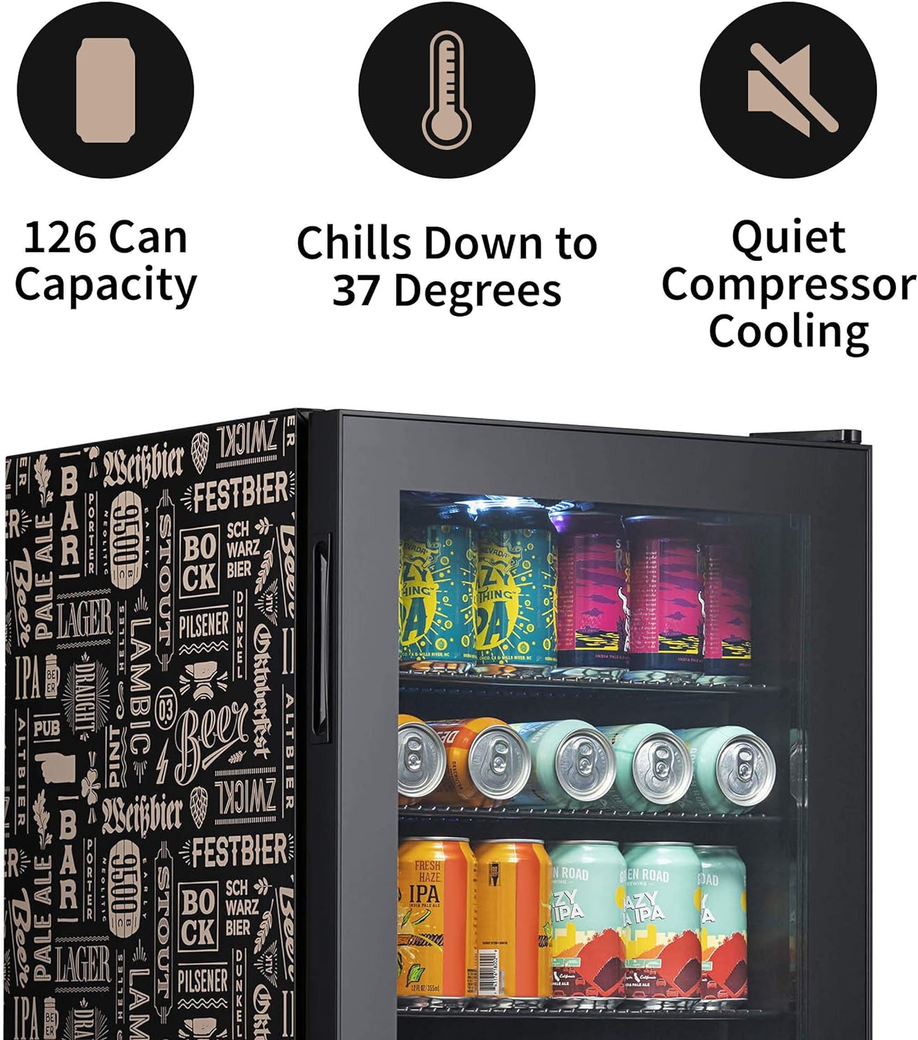 NewAir - Refrigerador de bebidas con capacidad para 126 latas - Minibar de cerveza con puerta de cristal, bisagra derecha - Enfría hasta 34 °F (1 °C) - AB-1200BC1 - Diseño de Cervezas del Mundo-Muñeca