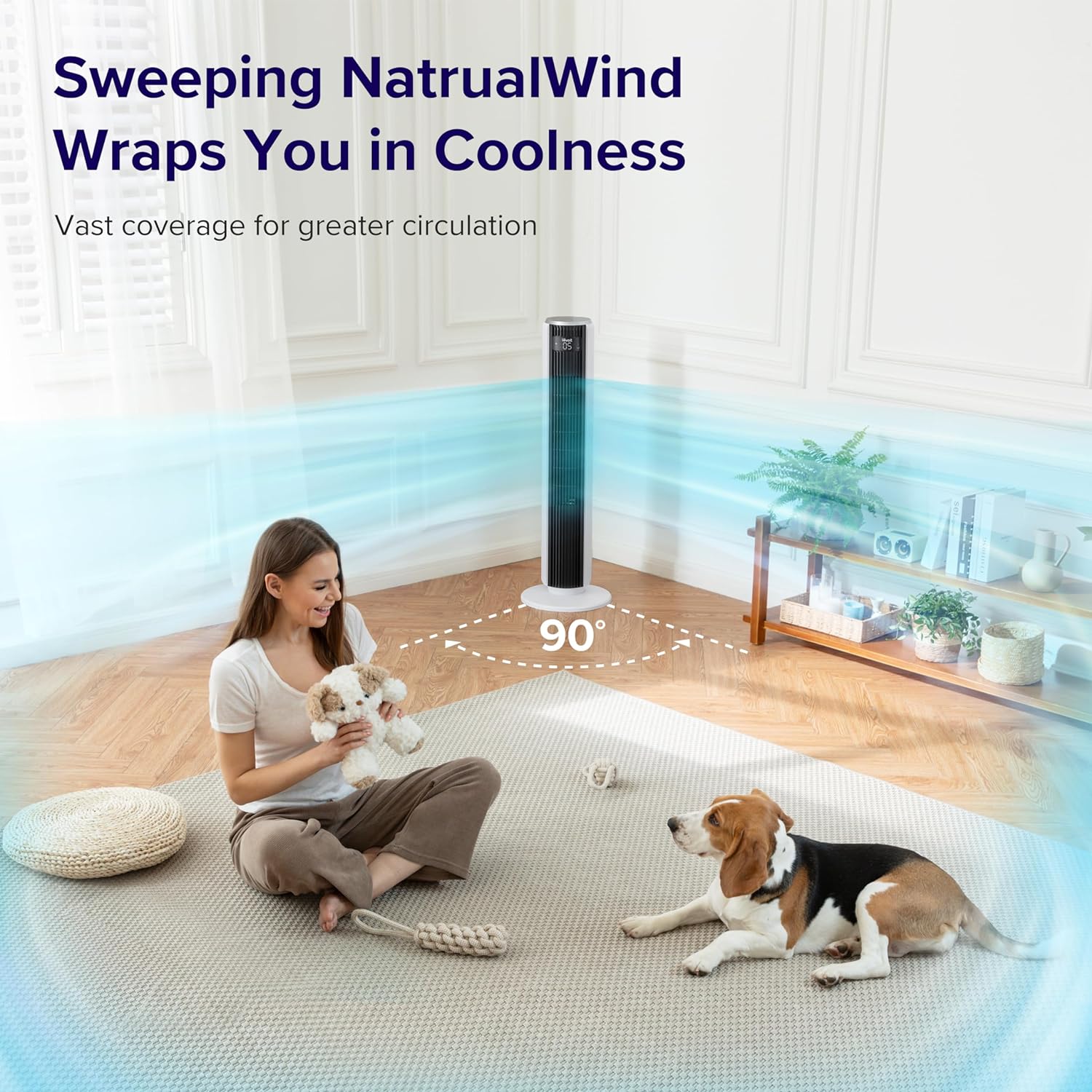 LEVOIT Tower Fan for Bedroom, 25ft/s Velocity 28dB Cooling Fan with Remote, Bladeless and 90° Oscillating Fan with 5 Speeds, 4 Modes, 12H Timer, Standing Fans for Home, White, Classic 36-Inch