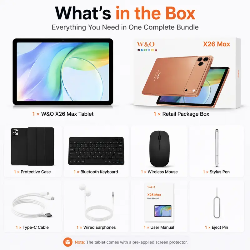 W&O X26 Max Android Tablet (11 in Touchscreen Tablet) - 12GB RAM+256GB ROM, Android 15, Octa-Core CPU, 20MP Rear-8MP Front Cameras, Dual-Band WiFi, USB-C Port, Charging Support, Expandable Storage, Portable for Work & Back-to-School Bundle Package W&O X26 Max Android Tablet (11 in Touchscreen Tablet) - 12GB RAM+256GB ROM, Android 15, Octa-Core CPU, 20MP Rear-8MP Front Cameras, Dual-Band WiFi, USB-C Port, Charging Support, Expandable Storage, Portable for Work & Back-to-School Bundle Package