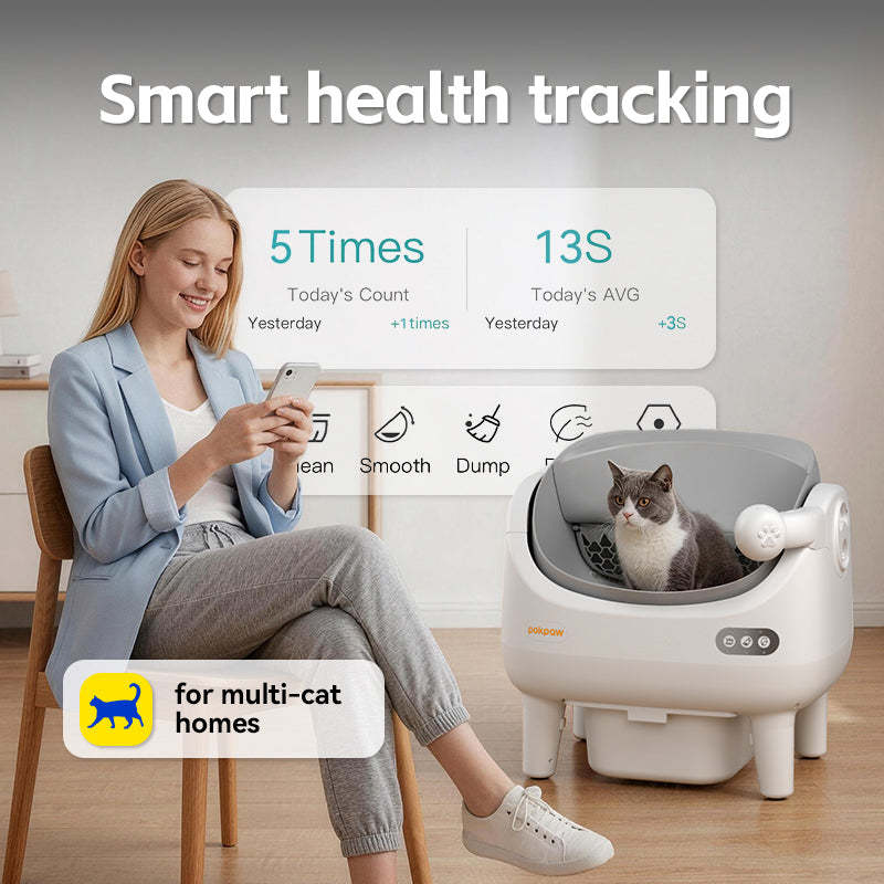POKPAW Arenero Automático para Gatos 82L con Autolimpieza, Caja de Arena Inteligente WiFi, Depósito de Desechos 10L, Hasta 7 Días sin Limpiar