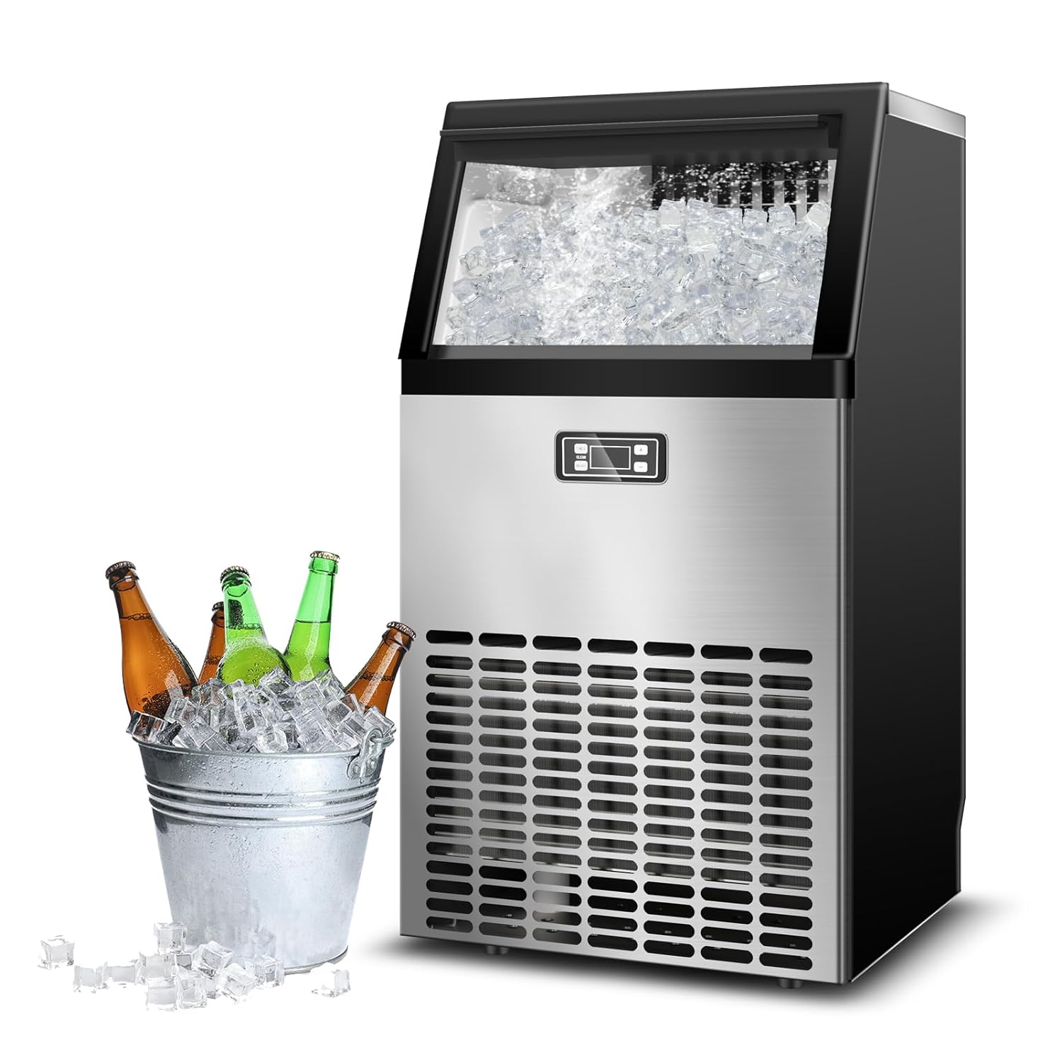 120lbs/24H Commercial Ice Maker Machine, 48 Cubes/11mins Stainless Steel Under Counter ice Machine with 33lbs Ice Storage Capacity, Self-Clean Freestanding Ice Maker