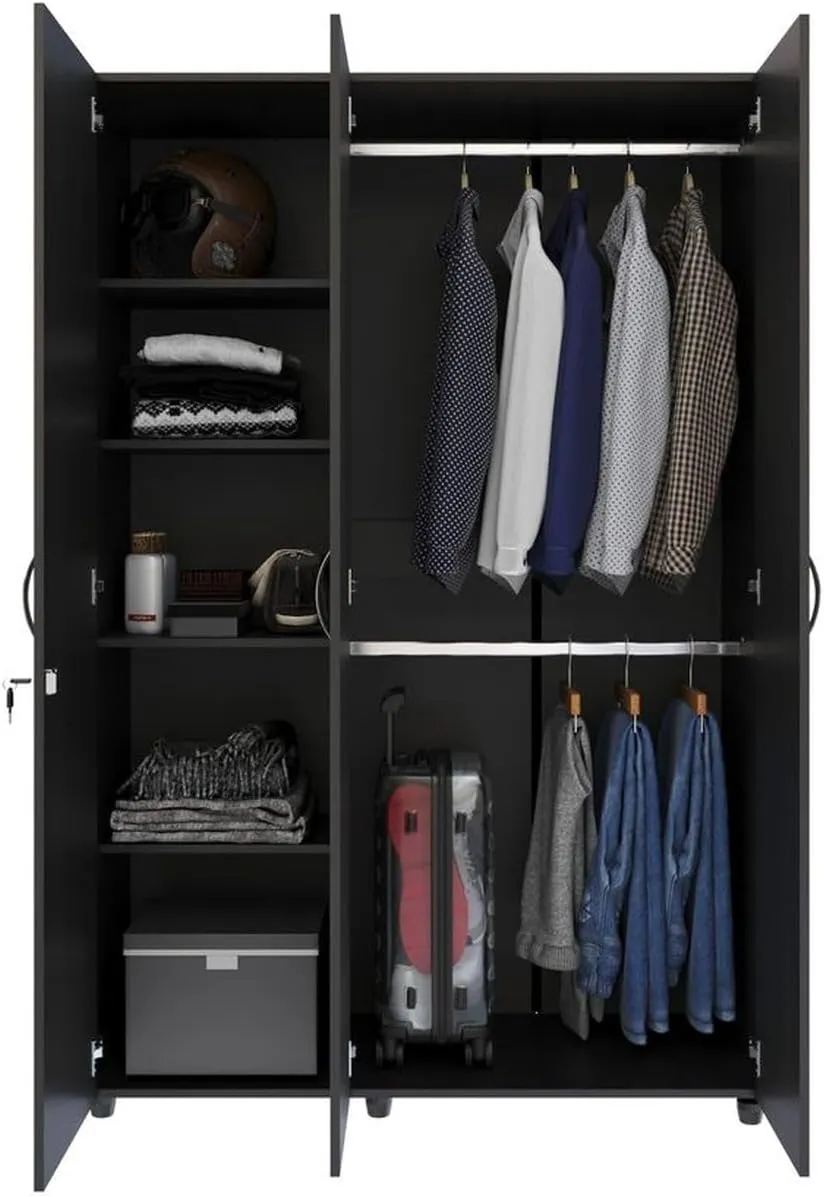MADERKIT | Ropero Bilbao 120 cm Ancho | Tamaño Mediano | Color Wengue | 3 Puertas y Llave de Seguridad | Mueble Listo para armar | Estantes y Tubos para Colgar (Wengue)