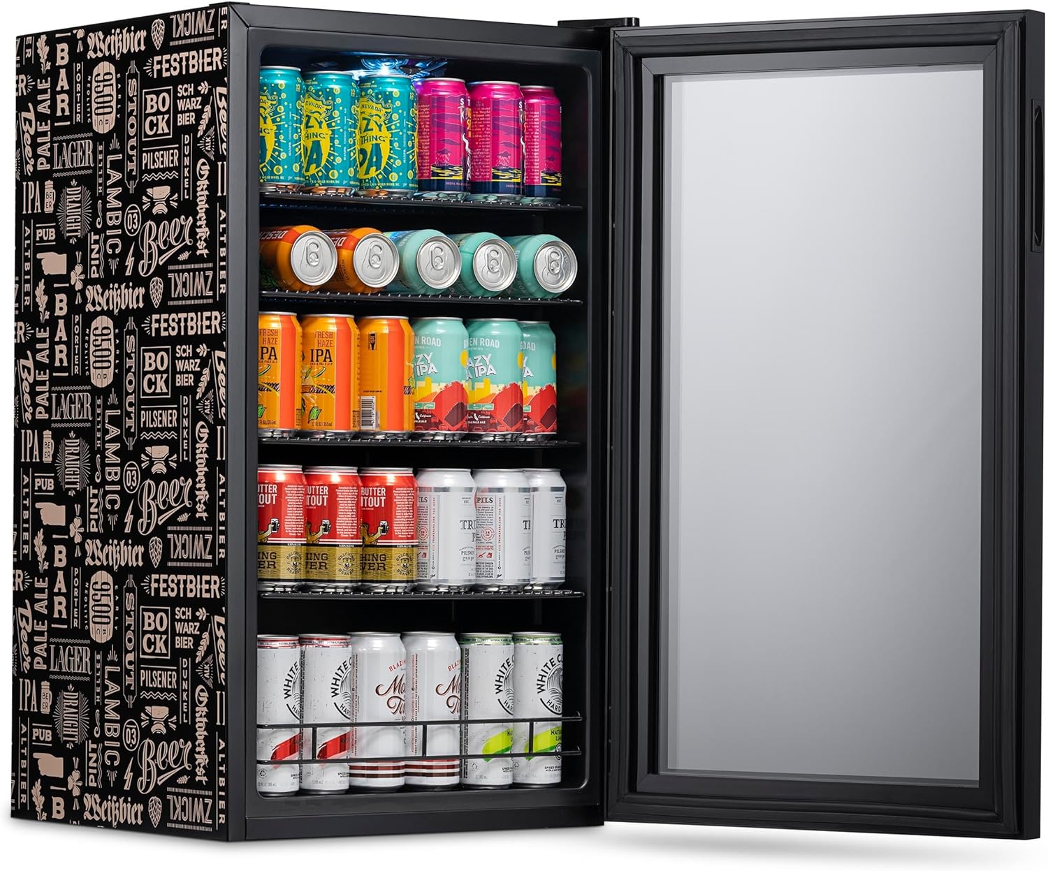 NewAir - Refrigerador de bebidas con capacidad para 126 latas - Minibar de cerveza con puerta de cristal, bisagra derecha - Enfría hasta 34 °F (1 °C) - AB-1200BC1 - Diseño de Cervezas del Mundo-Muñeca