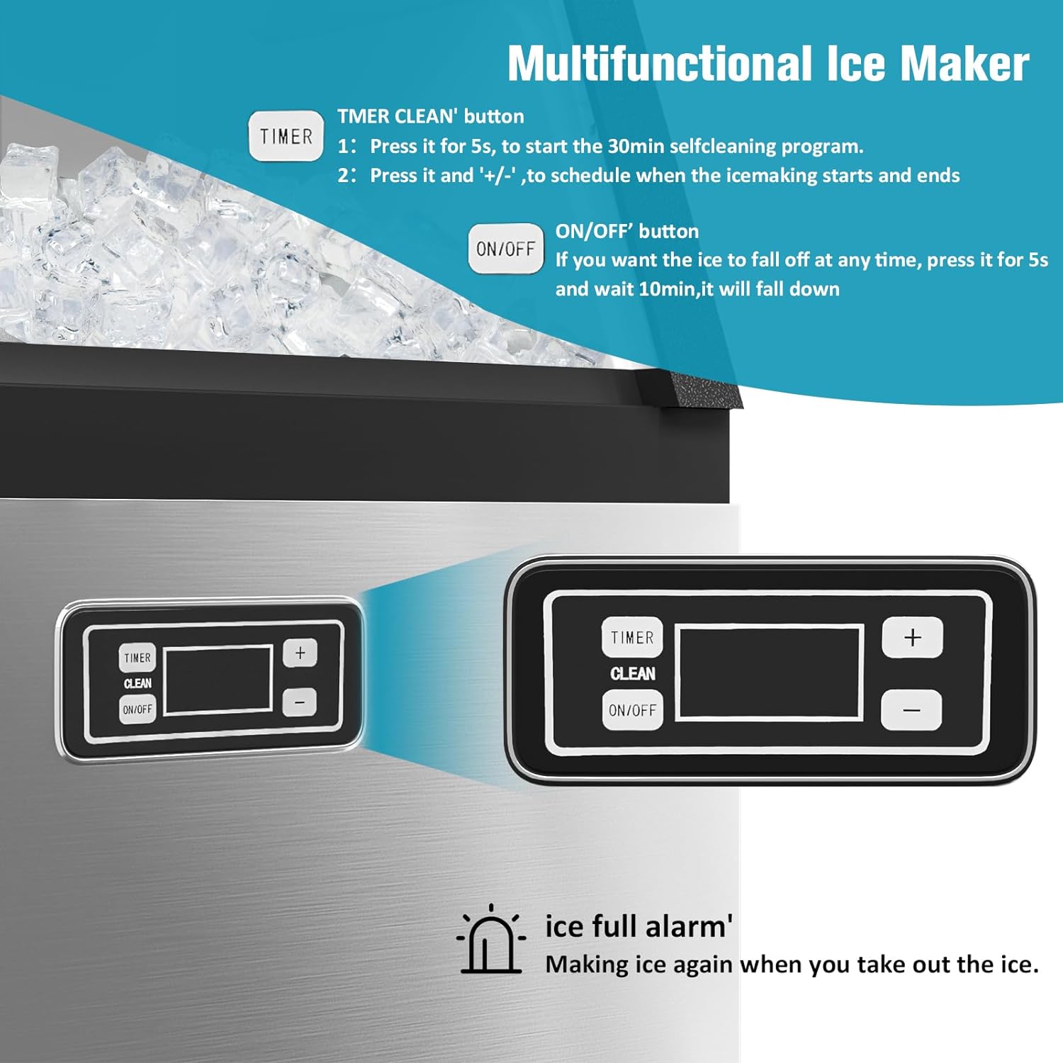 120lbs/24H Commercial Ice Maker Machine, 48 Cubes/11mins Stainless Steel Under Counter ice Machine with 33lbs Ice Storage Capacity, Self-Clean Freestanding Ice Maker