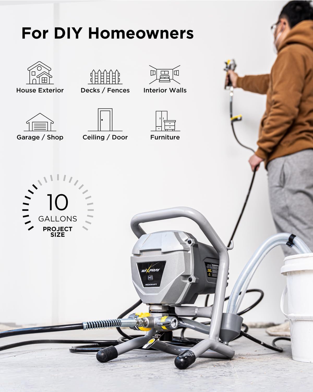 InoKraft MaXpray M1 Pulverizador de Pintura Airless, 3000 PSI 550W, Eléctrico con Cable, Látex sin Diluir, para Interiores y Exteriores, Incluye Pistola y Extensión de 30 cm