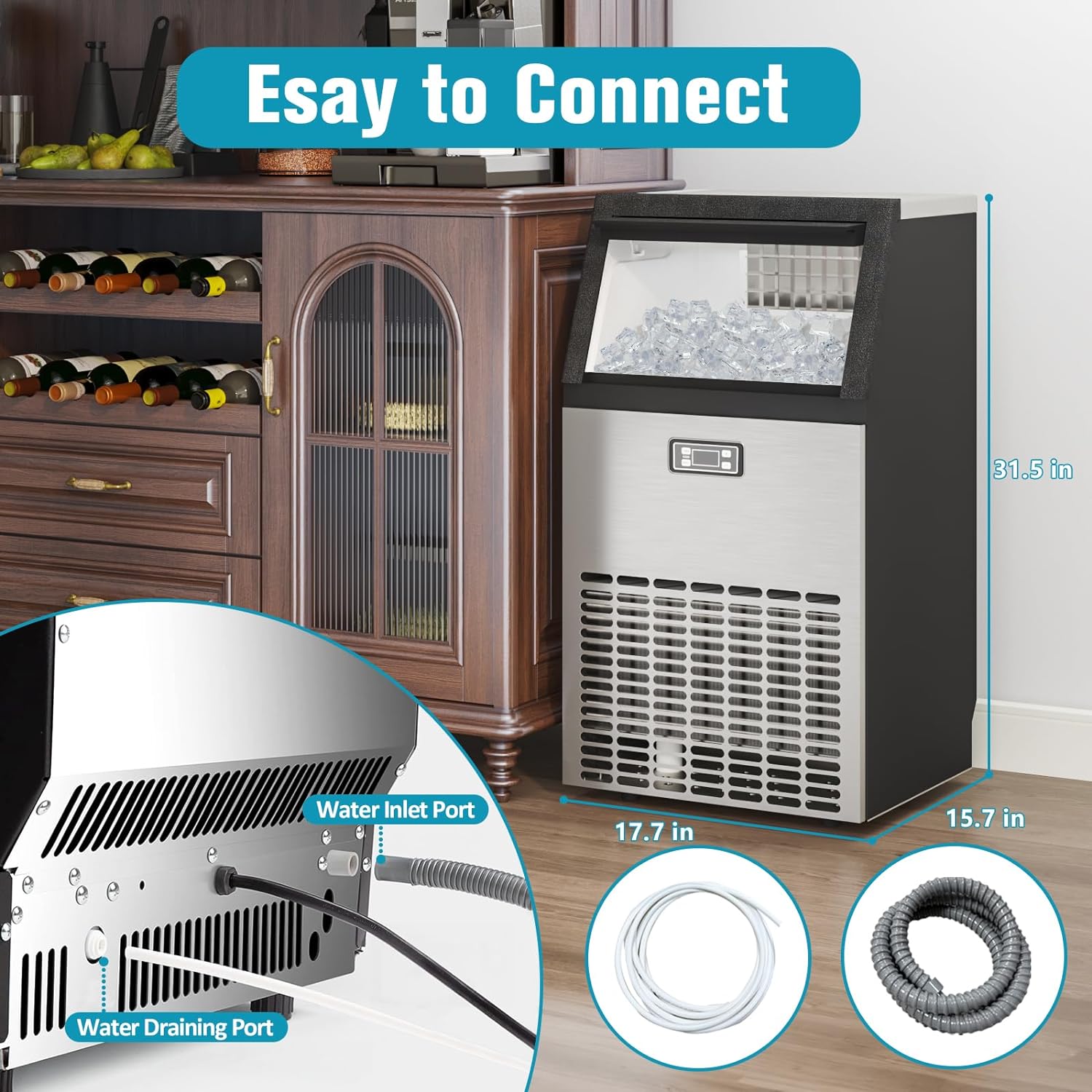 120lbs/24H Commercial Ice Maker Machine, 48 Cubes/11mins Stainless Steel Under Counter ice Machine with 33lbs Ice Storage Capacity, Self-Clean Freestanding Ice Maker